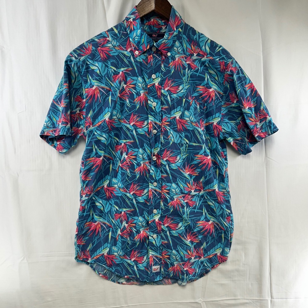 Vineyard Vines Murray Shirt Mens Small Blue Bird of Paradise Floral Short Sleeve